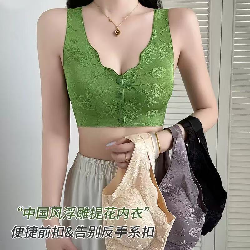黛伊婕中国风浮雕提花文胸便携式前开扣聚拢无痕内衣