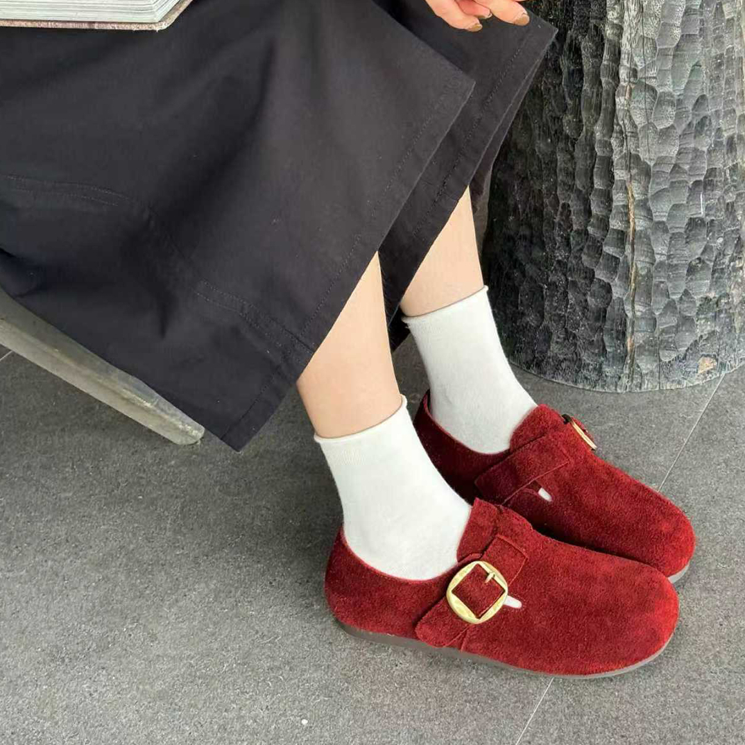 勃肯鞋纯色棕色系长毛牛皮豆豆博肯鞋秋季新款半拖半拖鞋