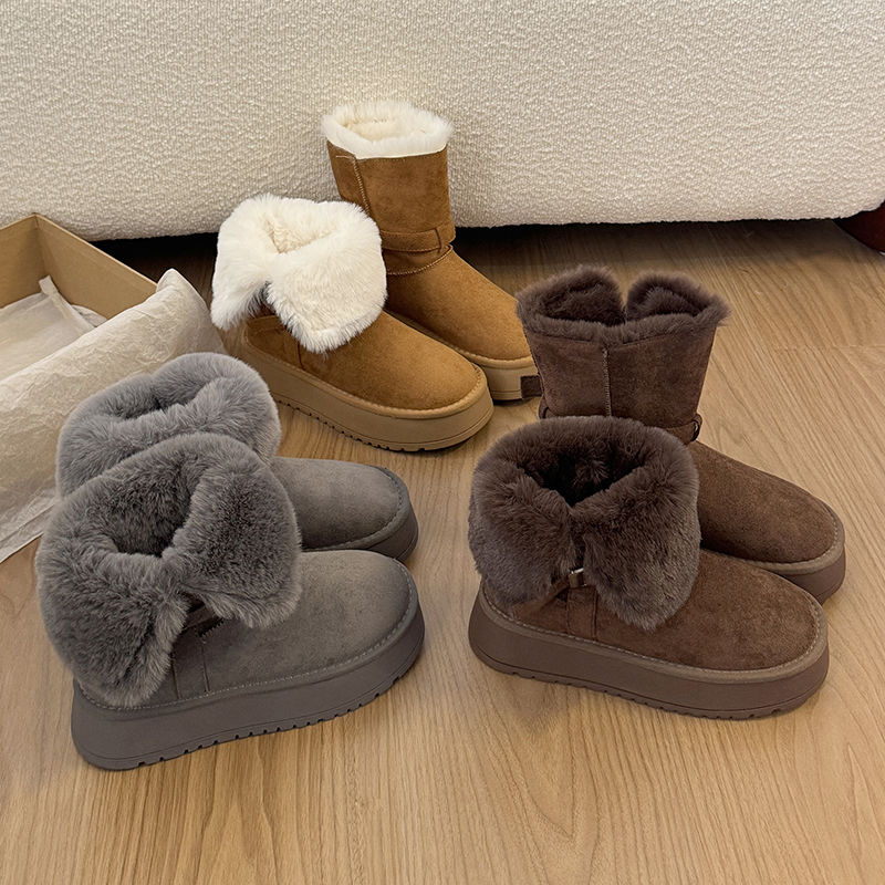 保暖厚底加绒中筒棉鞋坡跟时尚雪地靴冬季百搭成人