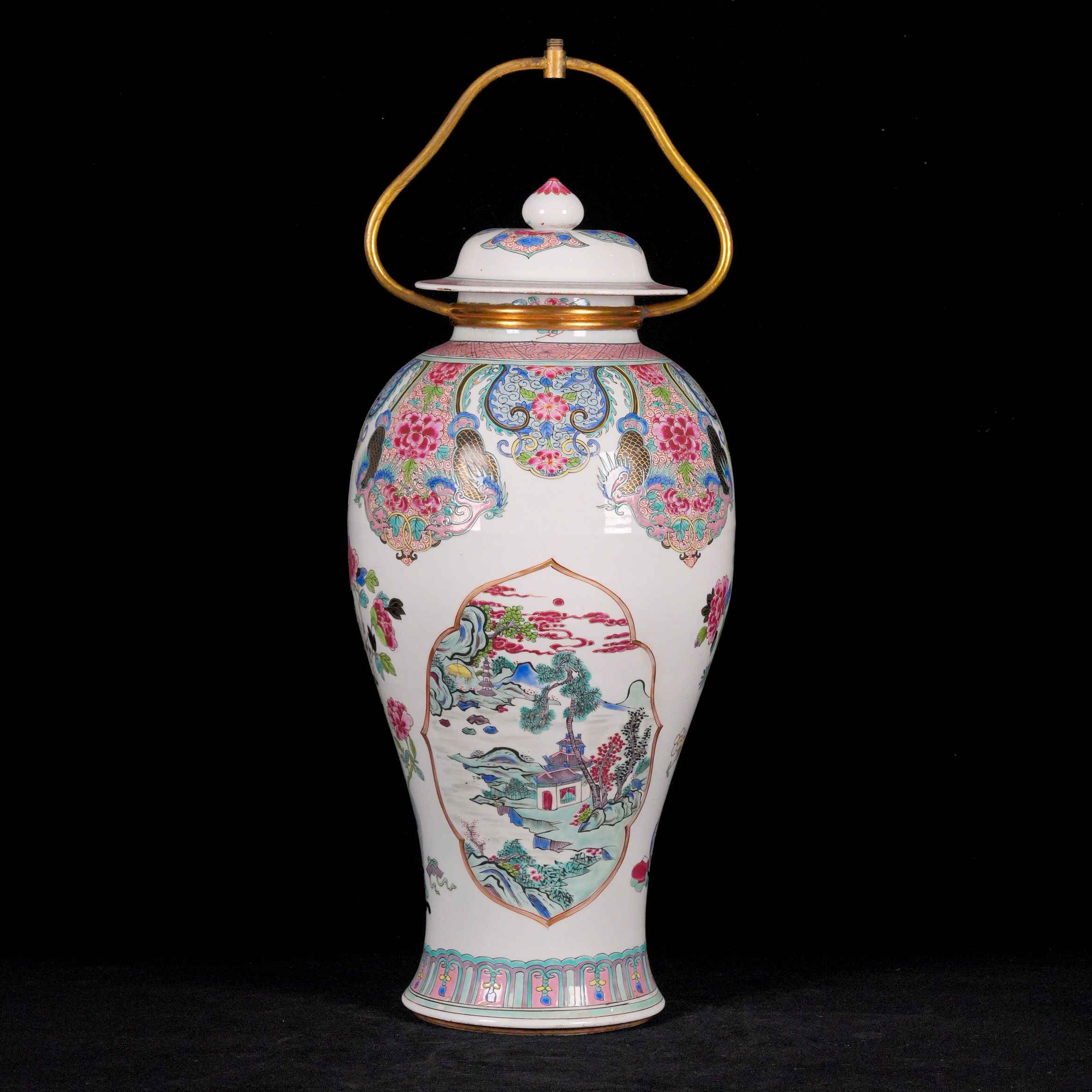 清 粉彩开光山水人物鸡腿瓶