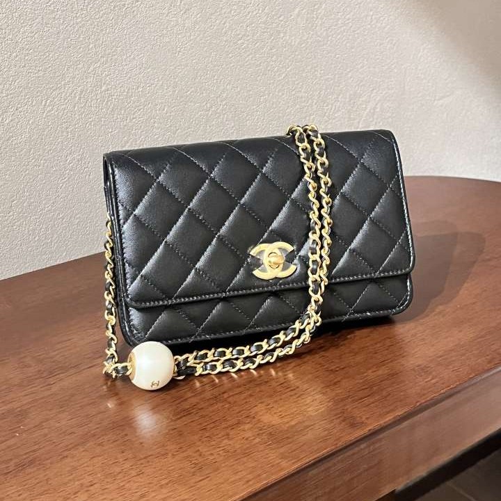 99新 Chanel/香奈儿 24S 黑金羊皮双珍珠调节链woc时尚单肩斜挎包