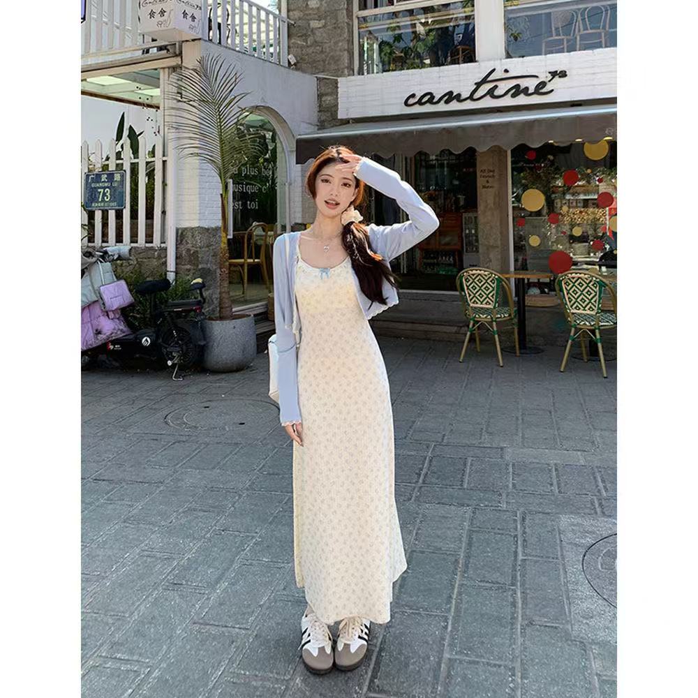 小熊印花吊带连衣裙女夏季裙子法式蕾丝花边气质收腰显瘦A字长裙