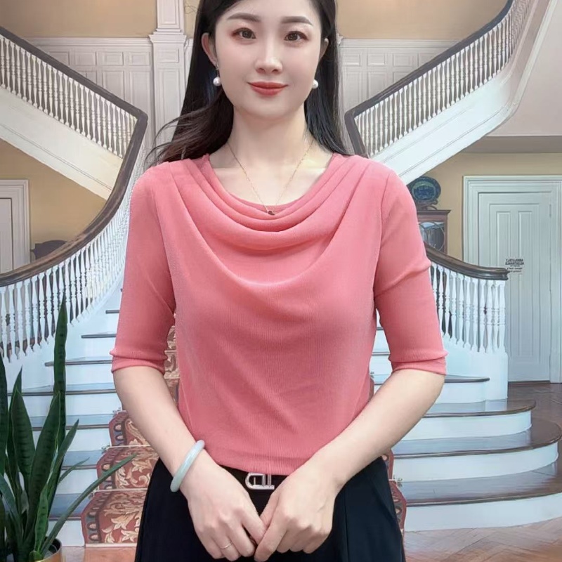 2025年秋季新款时尚百搭堆堆领中袖女士上衣修身显瘦T恤打底衫003