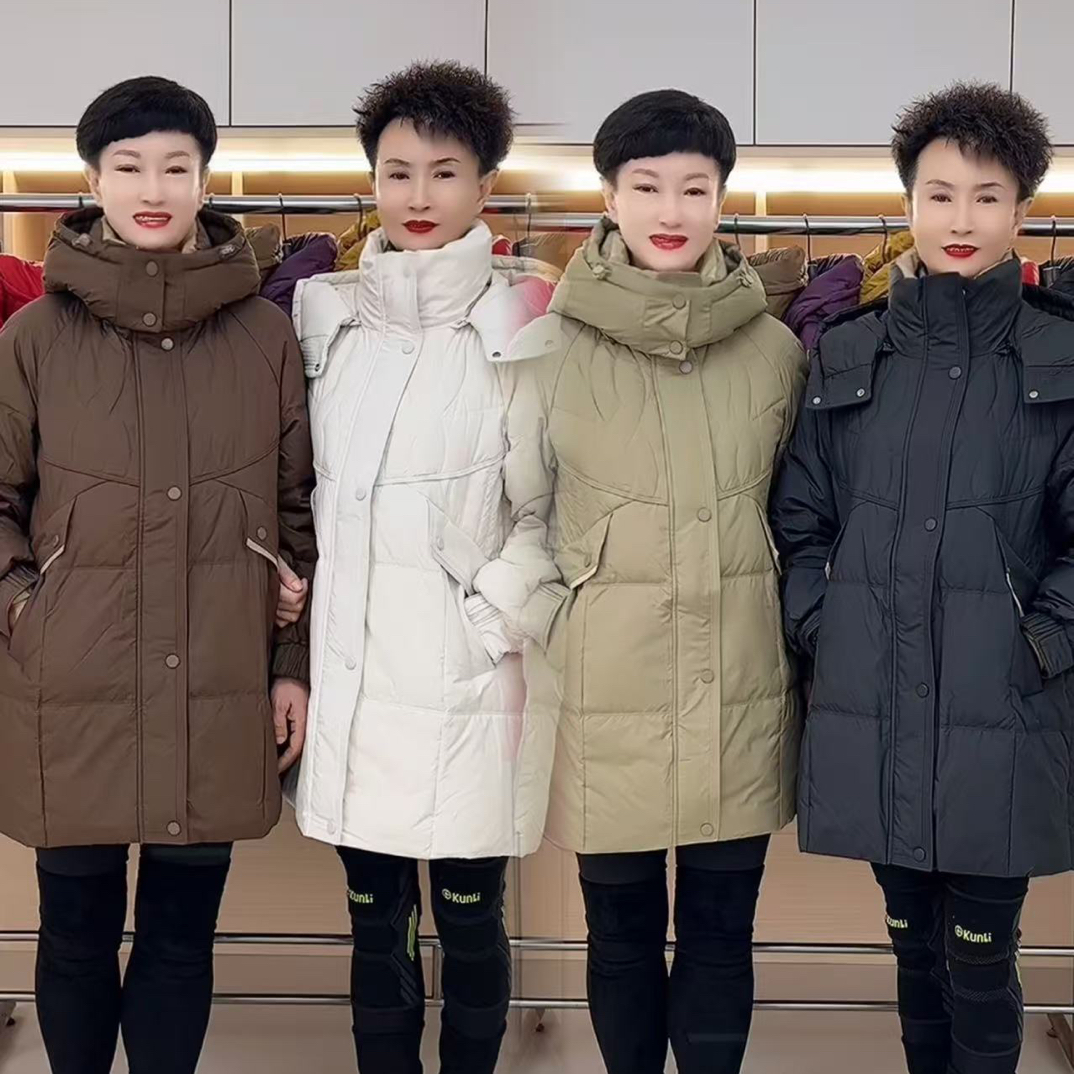 冬季新款白鸭绒连帽中长款中老年女士保暖大衣