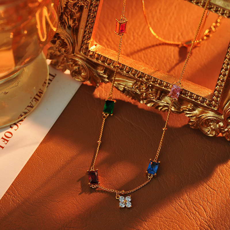 合金锆石项链 154号直播爆款五彩方糖锆石项链女轻奢小众设计高级