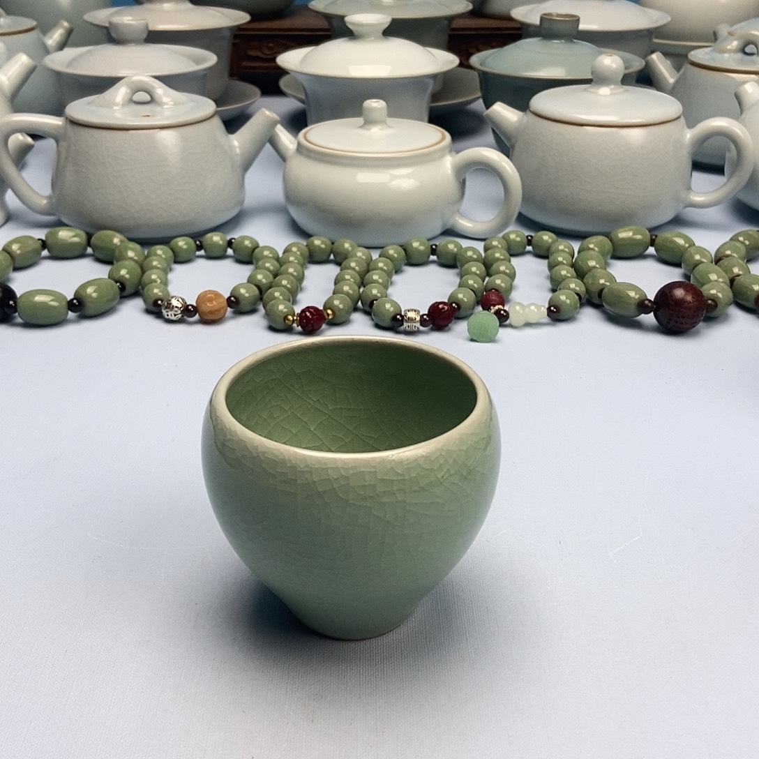 杯微微瑕冰青釉鸡心杯原矿原釉原产地