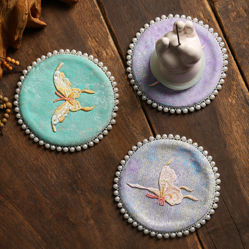 织锦手工刺绣蝴蝶杯垫壶垫创意精致双面珍珠边牛奶水杯茶杯垫耐脏