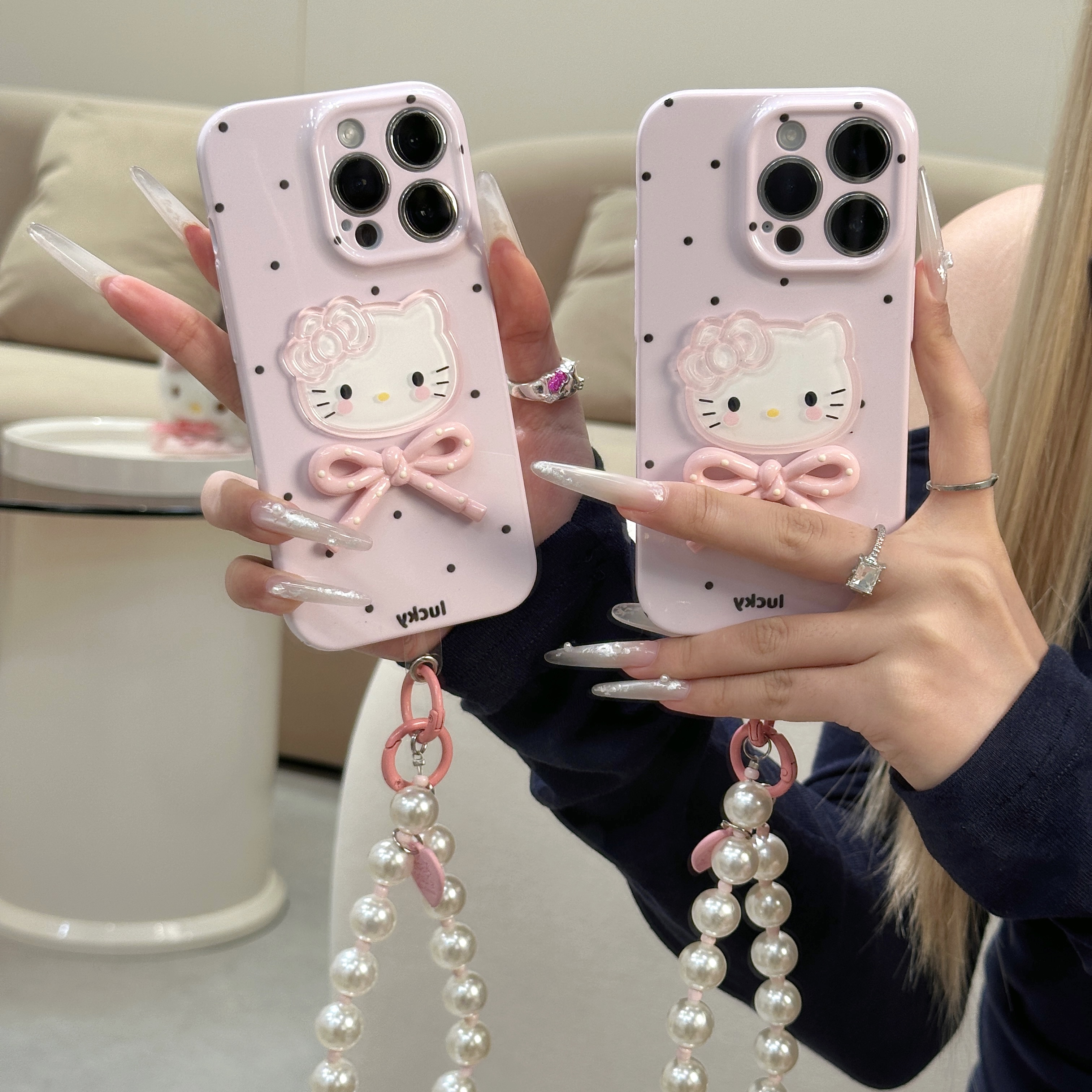 雅天立粉底波点kt猫适用苹果13/16手机壳华为P70vivoppo小米15女