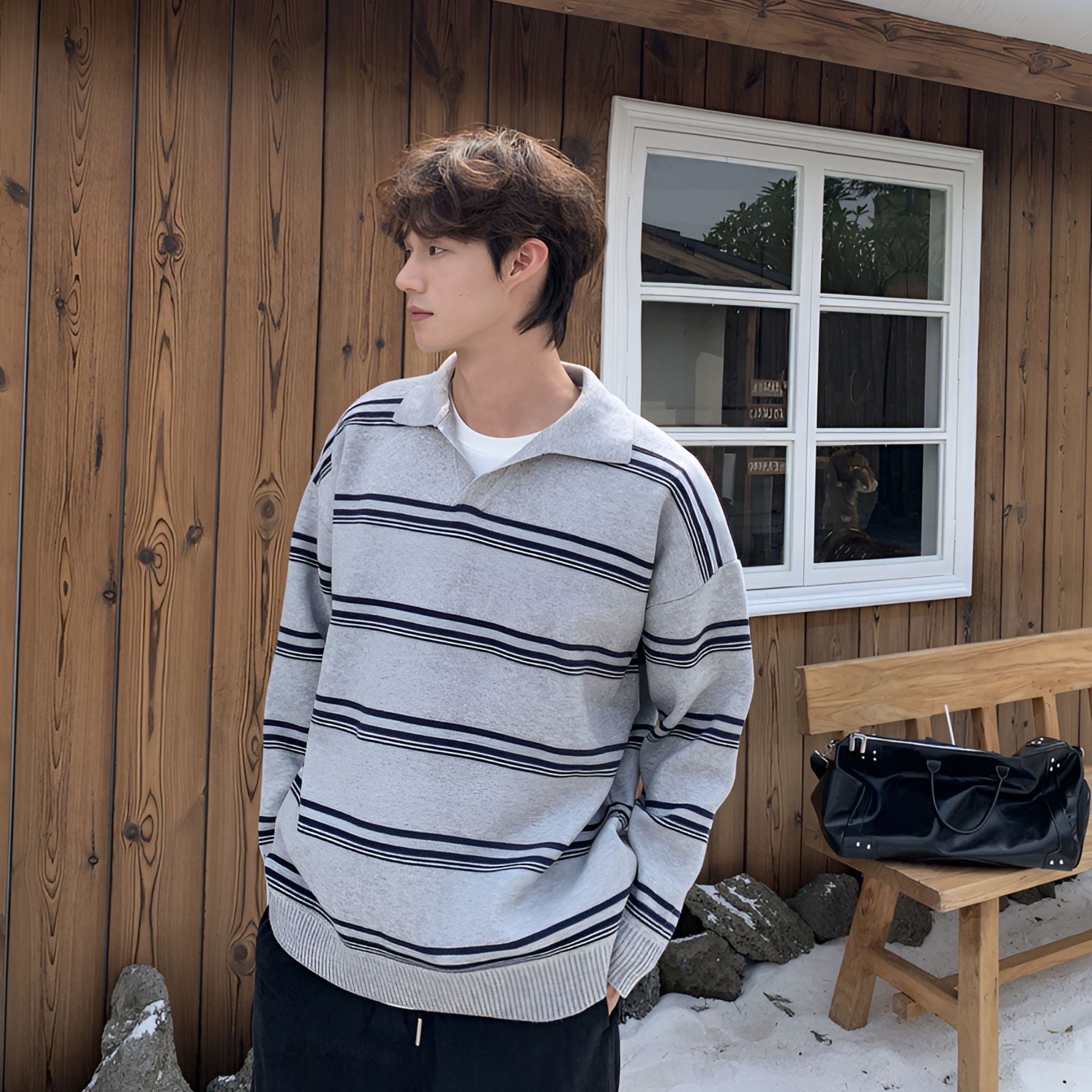 【YIMING】秋冬翻领美式休闲条纹宽松针织简约百搭痞帅复古毛衣