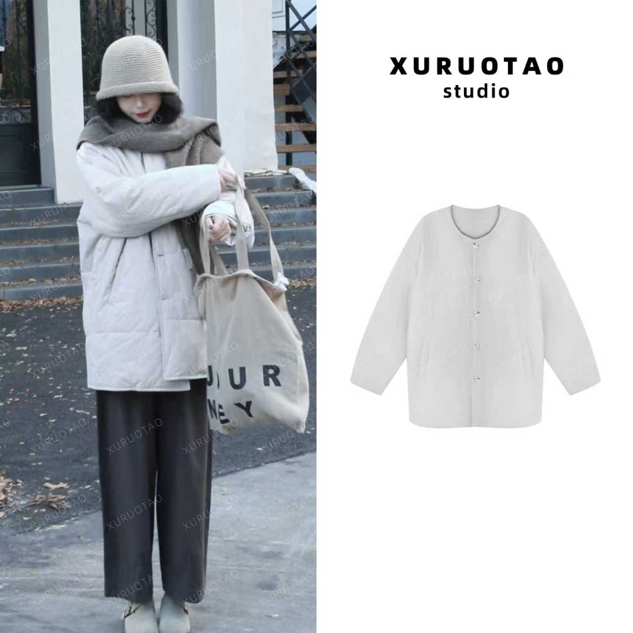 XURUOTAO【冬日恋岛】100棉可两穿设计感钛灰色棉服外套 T5725