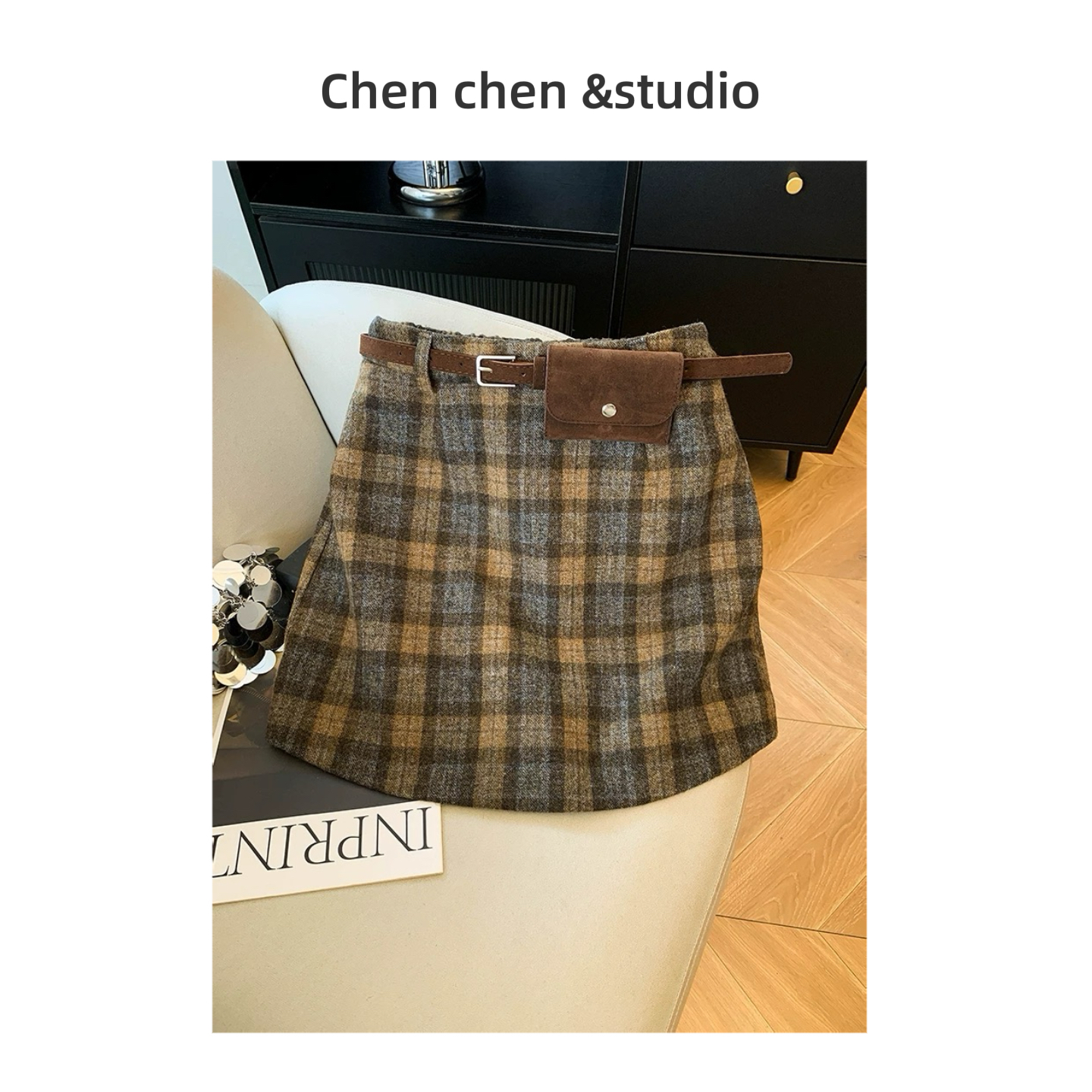 【咖色格子毛呢腰包短裙】冬韩版高腰显瘦百搭A字波点半身裙女加厚
