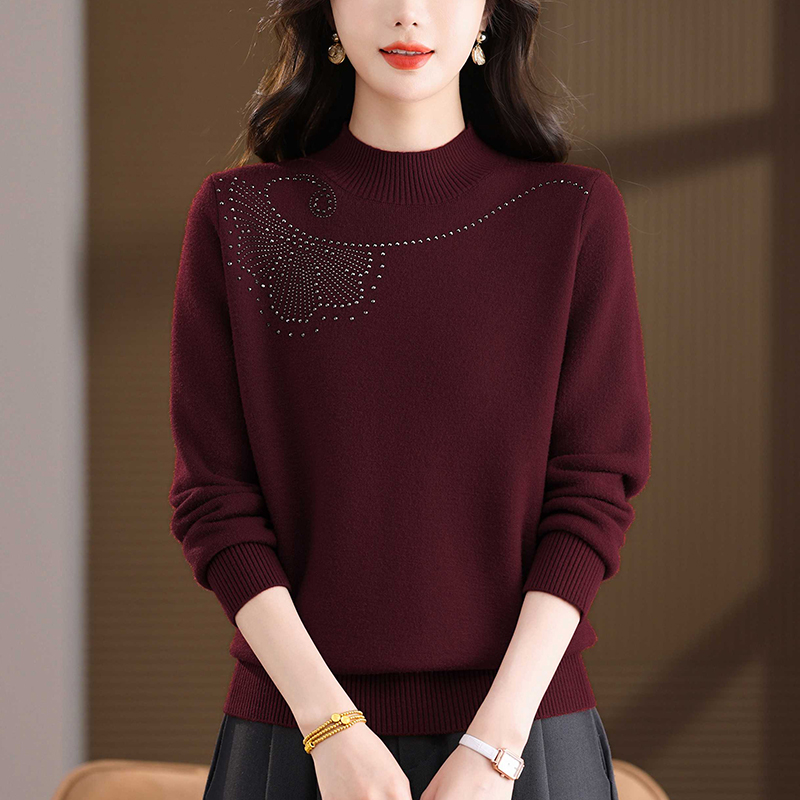 秋冬洋气时髦大码烫钻针织衫女宽松遮肉显瘦毛衣百搭半高领打底衫