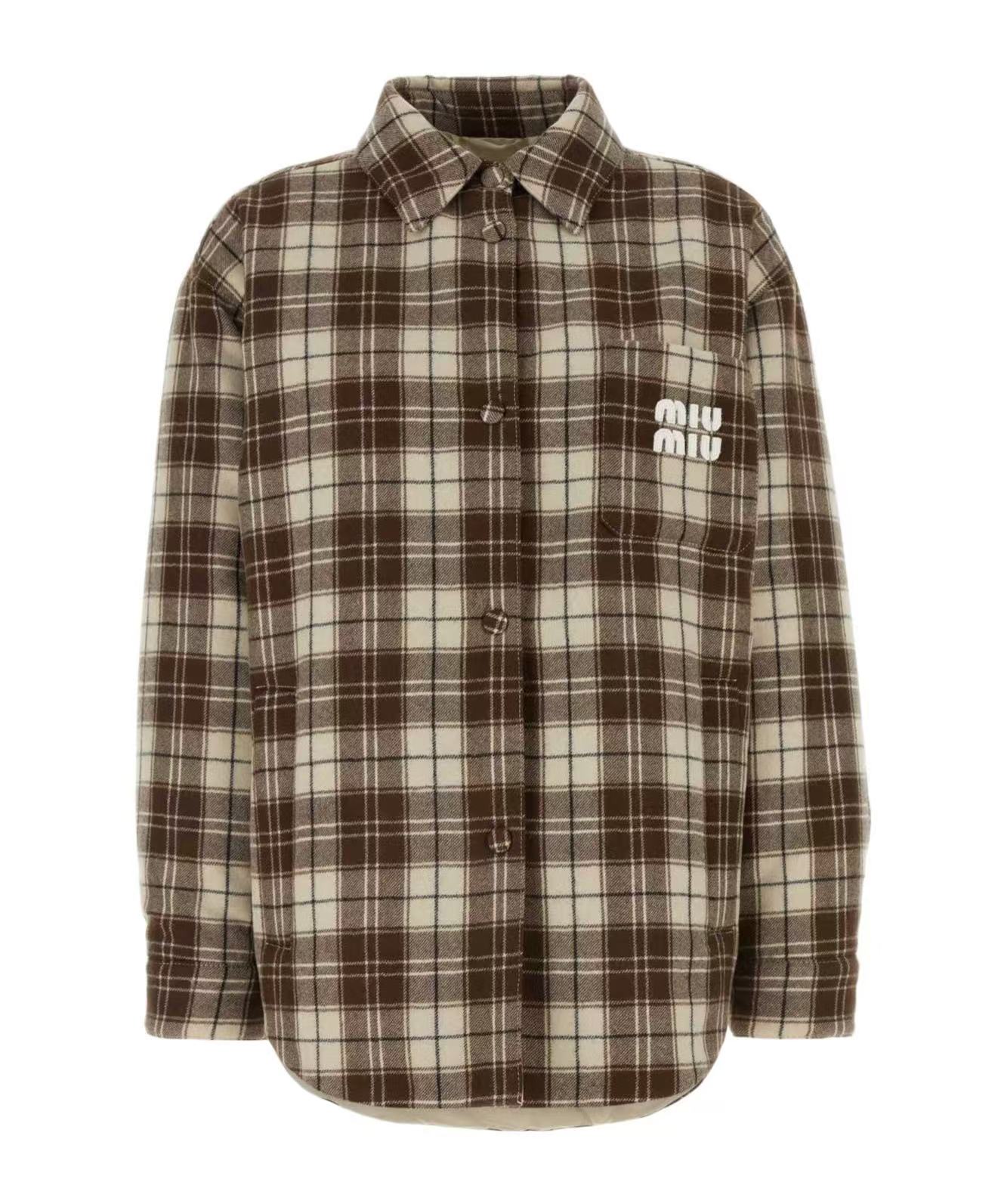 未使用 MIU MIU/缪缪 徽标格子翻领羊毛羽绒服