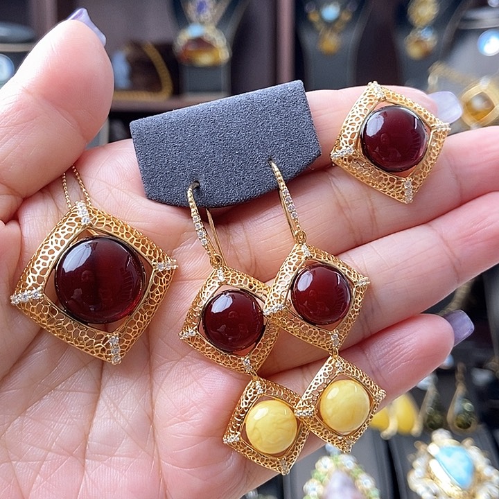 琥珀颈饰银S925镶嵌套装