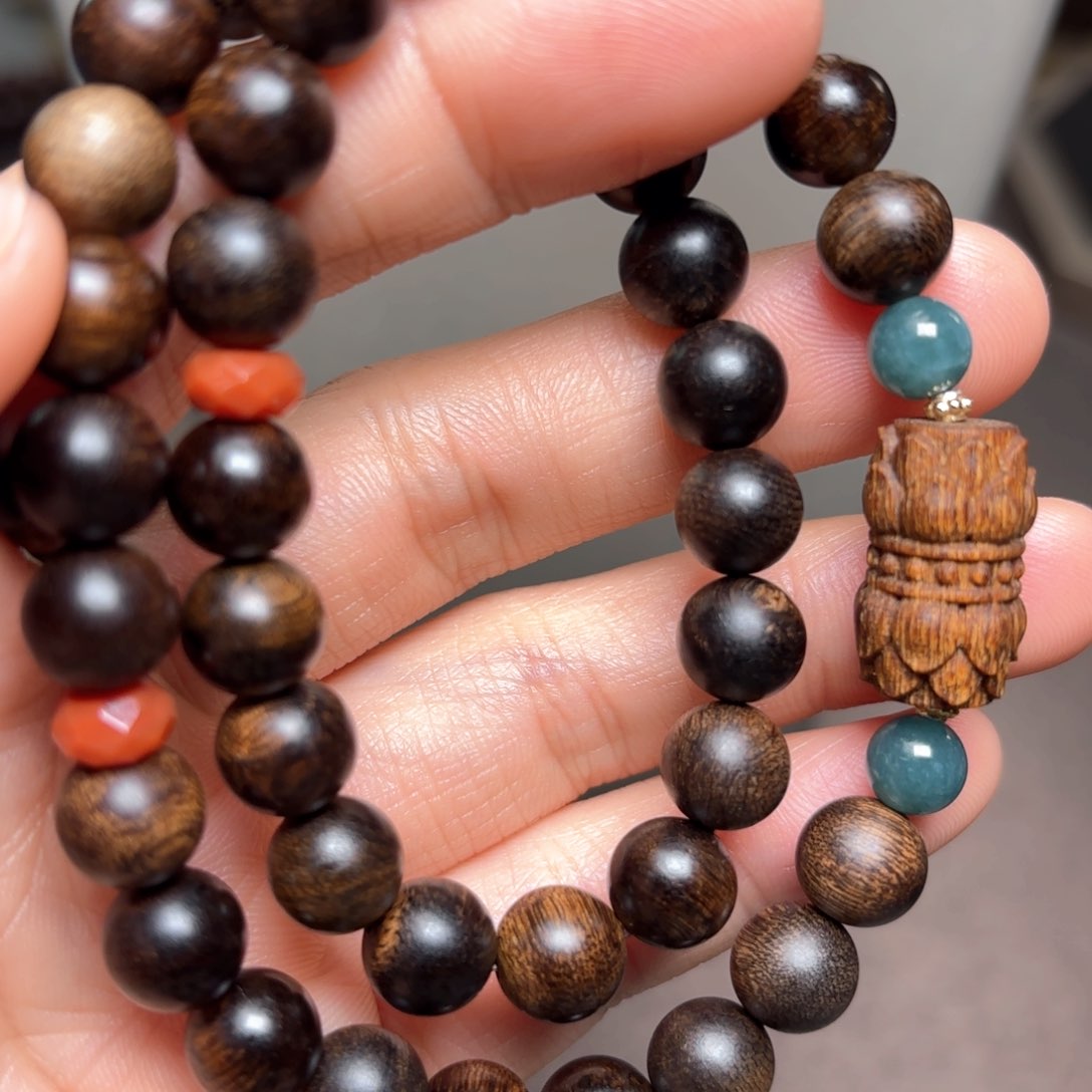 沉香手串越南富森红土08➕白棋楠莲花沉香木雕