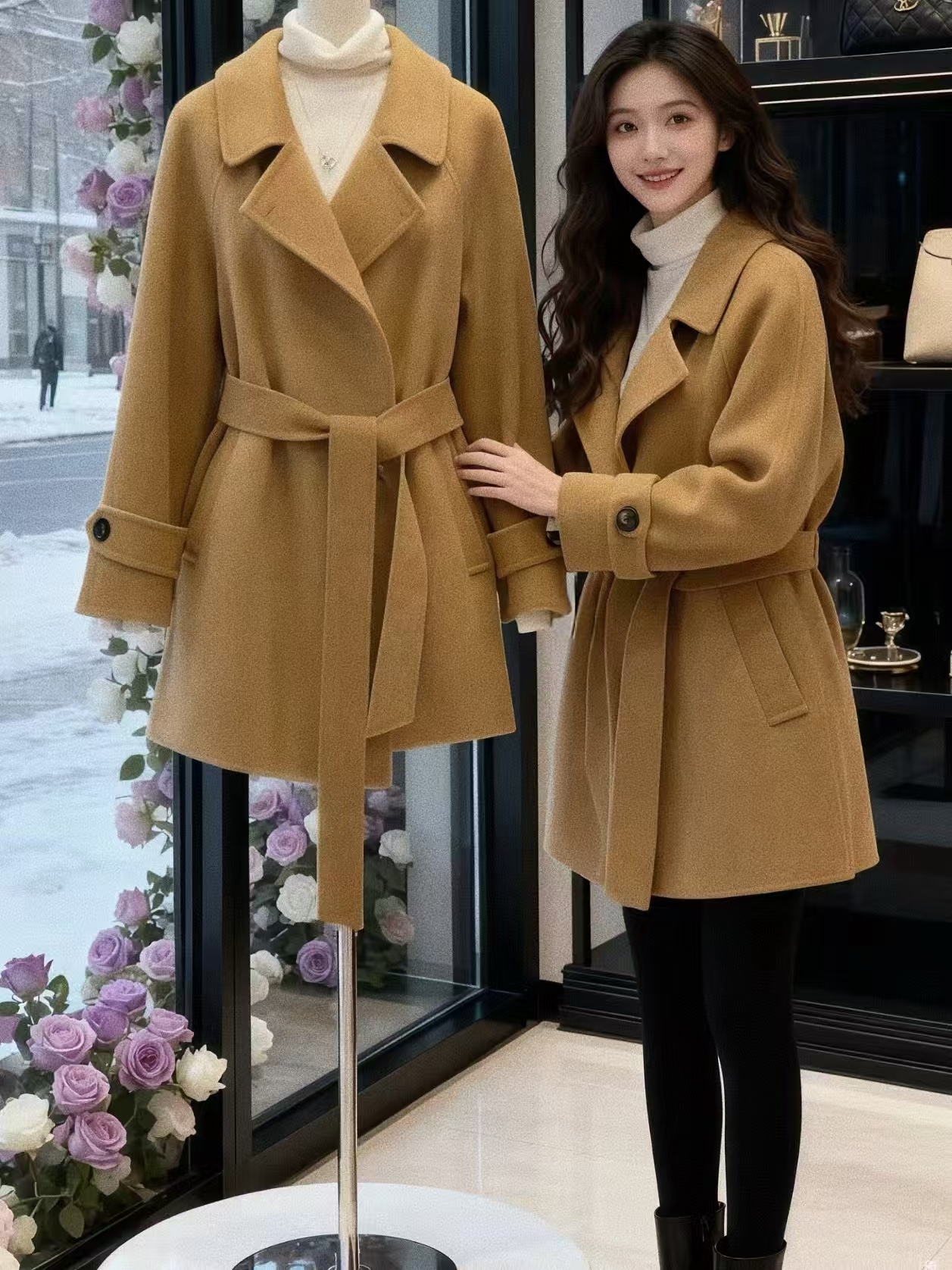 T百搭中长款双面羊毛大衣气质修身显瘦高级感宽松双面呢大衣8931