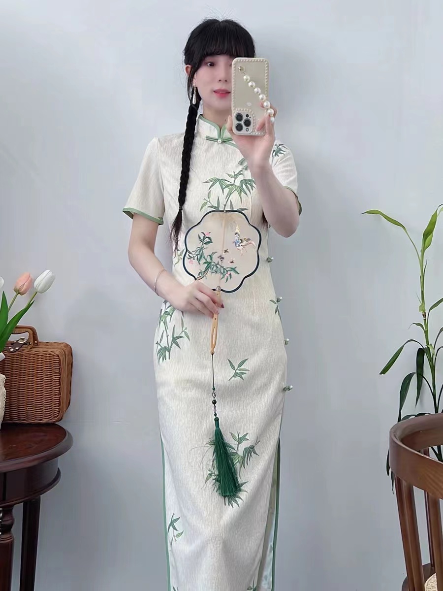 384-竹叶 绿包边 长款 八扣 旗袍