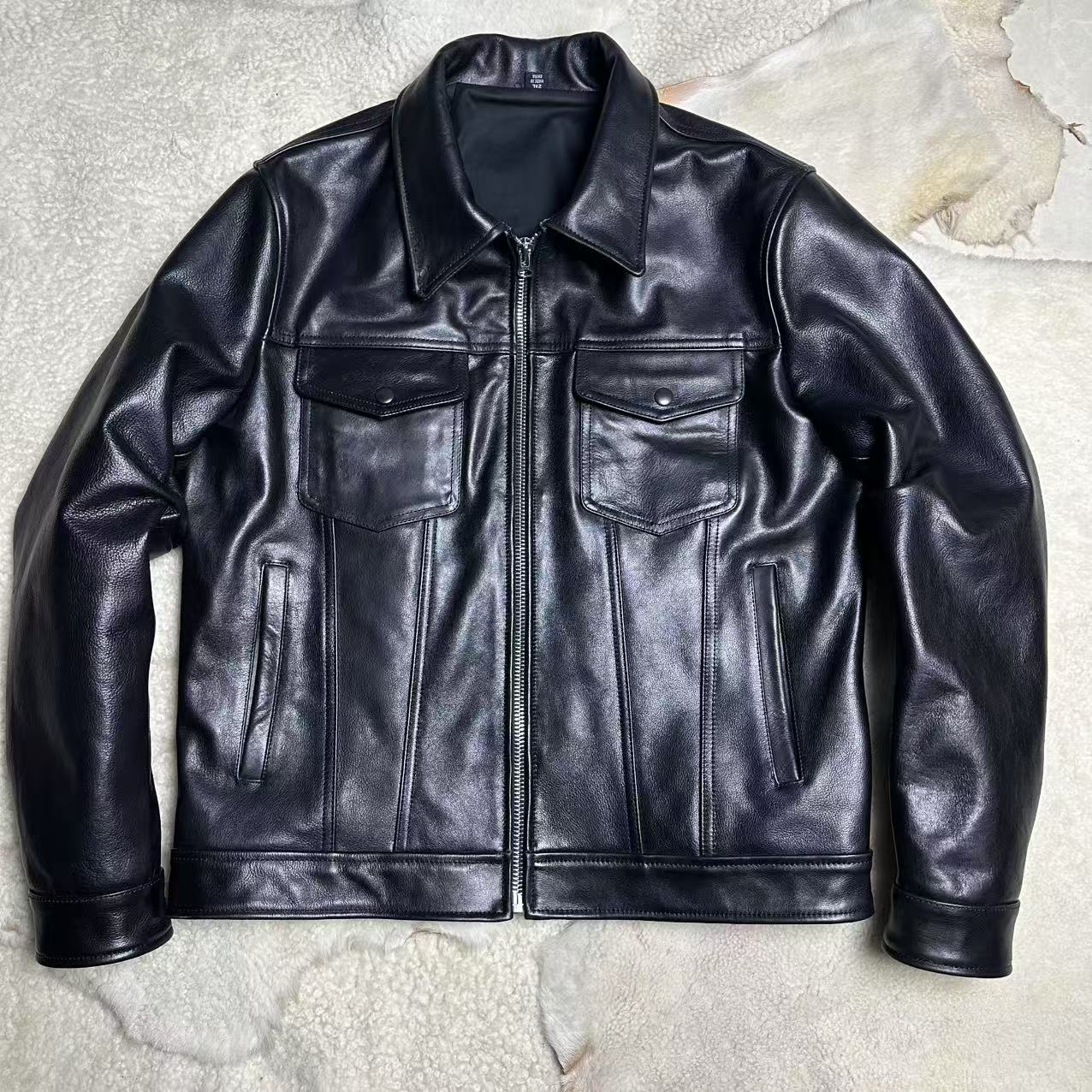 头层507牛皮纯色翻领皮衣欧美水洗小牛复古百搭休闲男士