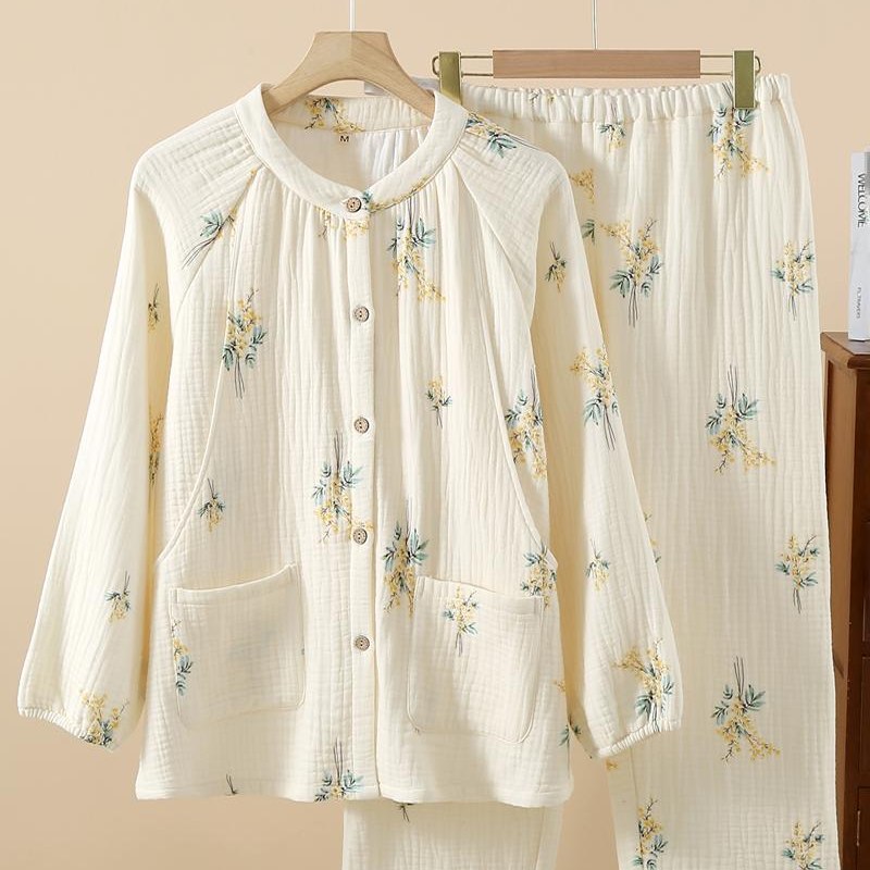 纯棉四层纱布月子服套装春秋冬季4层全棉孕期产后哺乳睡衣可调节