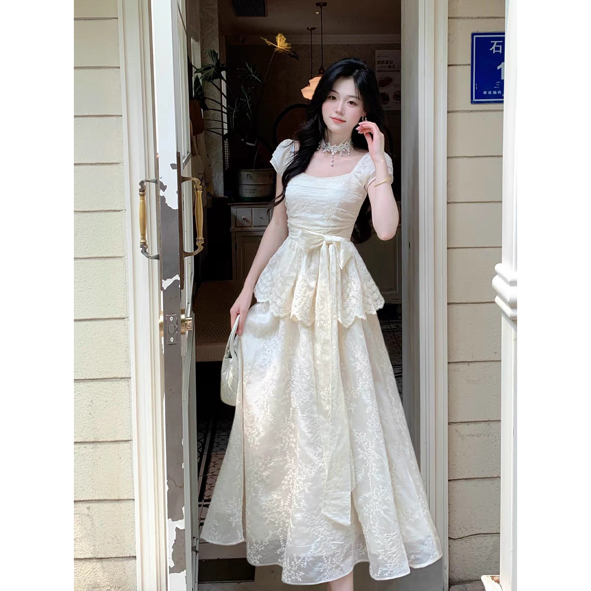 【白茉童话】夏季法式甜美风蝴蝶结长裙收腰气质连衣裙