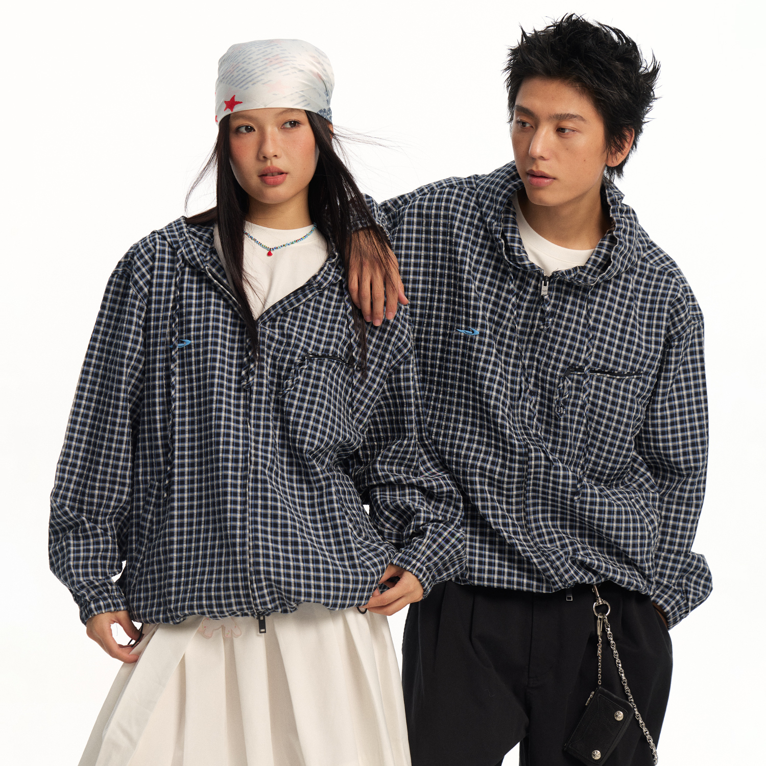 江南先生NewJNXS格纹休闲连帽开衫外套宽松刺绣logo百搭卫衣男女