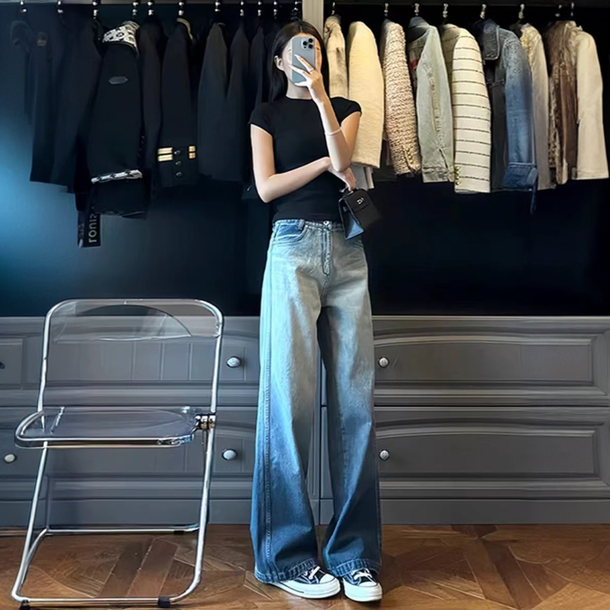 美式复古蓝色渐变色牛仔裤子女春季慵懒风松弛感宽松直筒阔腿长裤