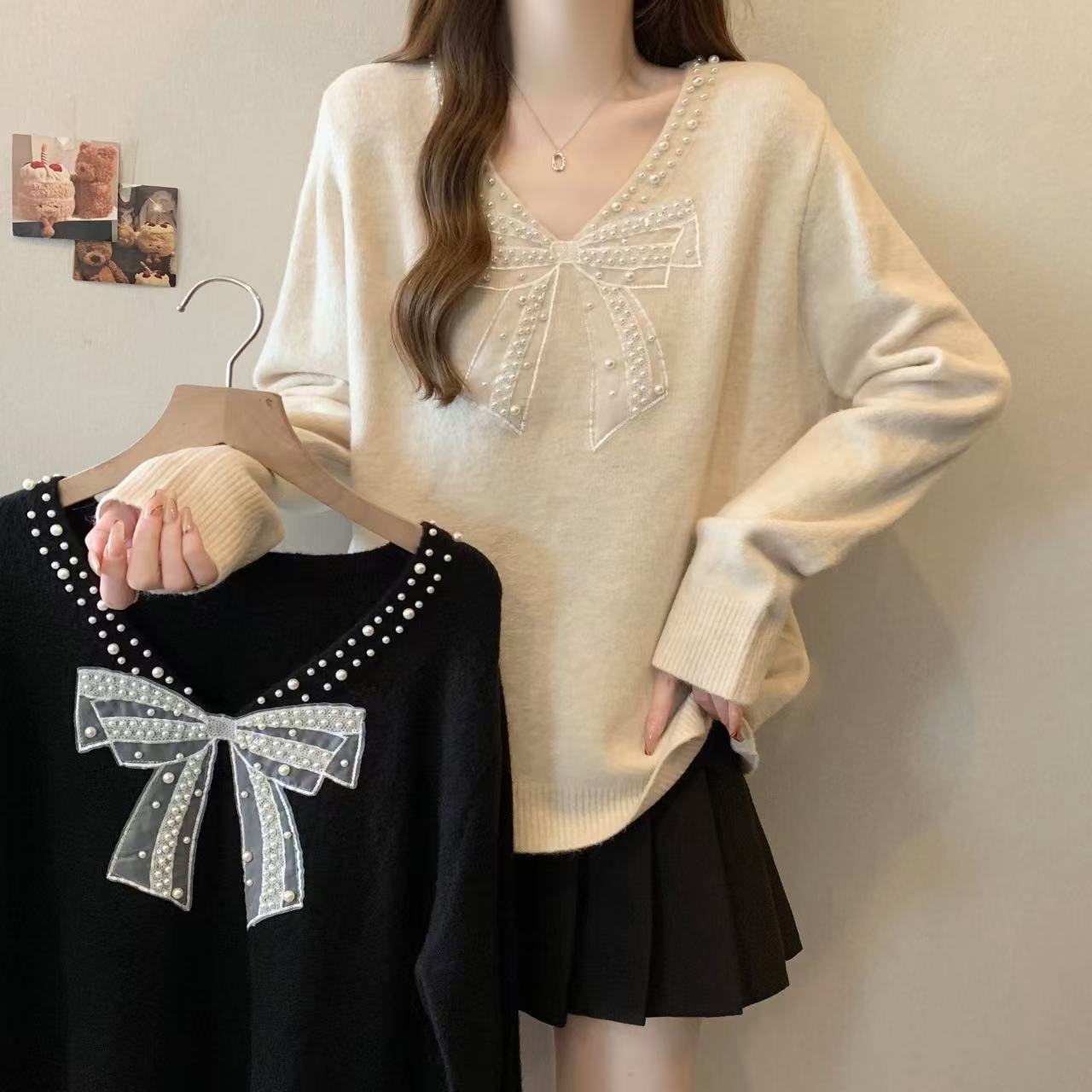 （9958）大码V领蝴蝶结款式显瘦针织衫毛衣长袖洋气上衣女胖MM秋冬
