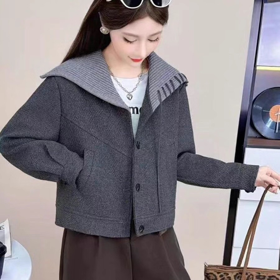时尚撞色毛呢外套女秋新款洋气显瘦海军领百搭小个子短款呢子大衣