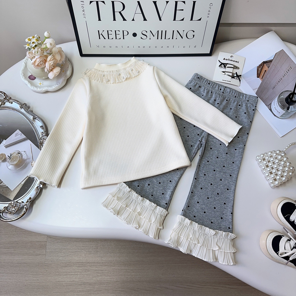 女童韩系裤子春秋季新款女宝宝波点蕾丝边裤脚休闲长裤CM0855