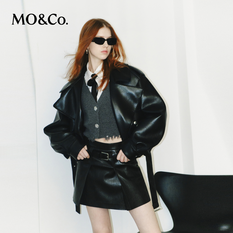 【粉丝专享】MOCO摇滚素皮斜襟宽领腰带造型夹克外套MBD1JKT003