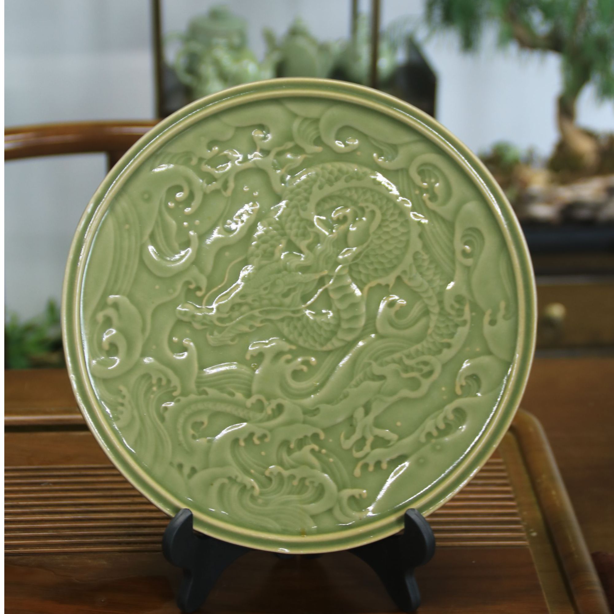 [泥洹记]耀州窑青瓷纯手工盘龙四方壶承