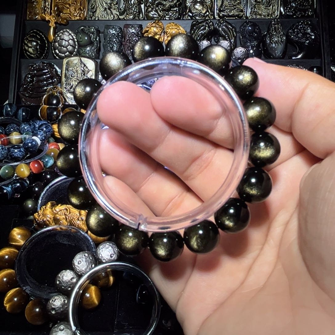 未镶嵌黑曜岩手链域*天然7A级金曜石双面圆眼12mm