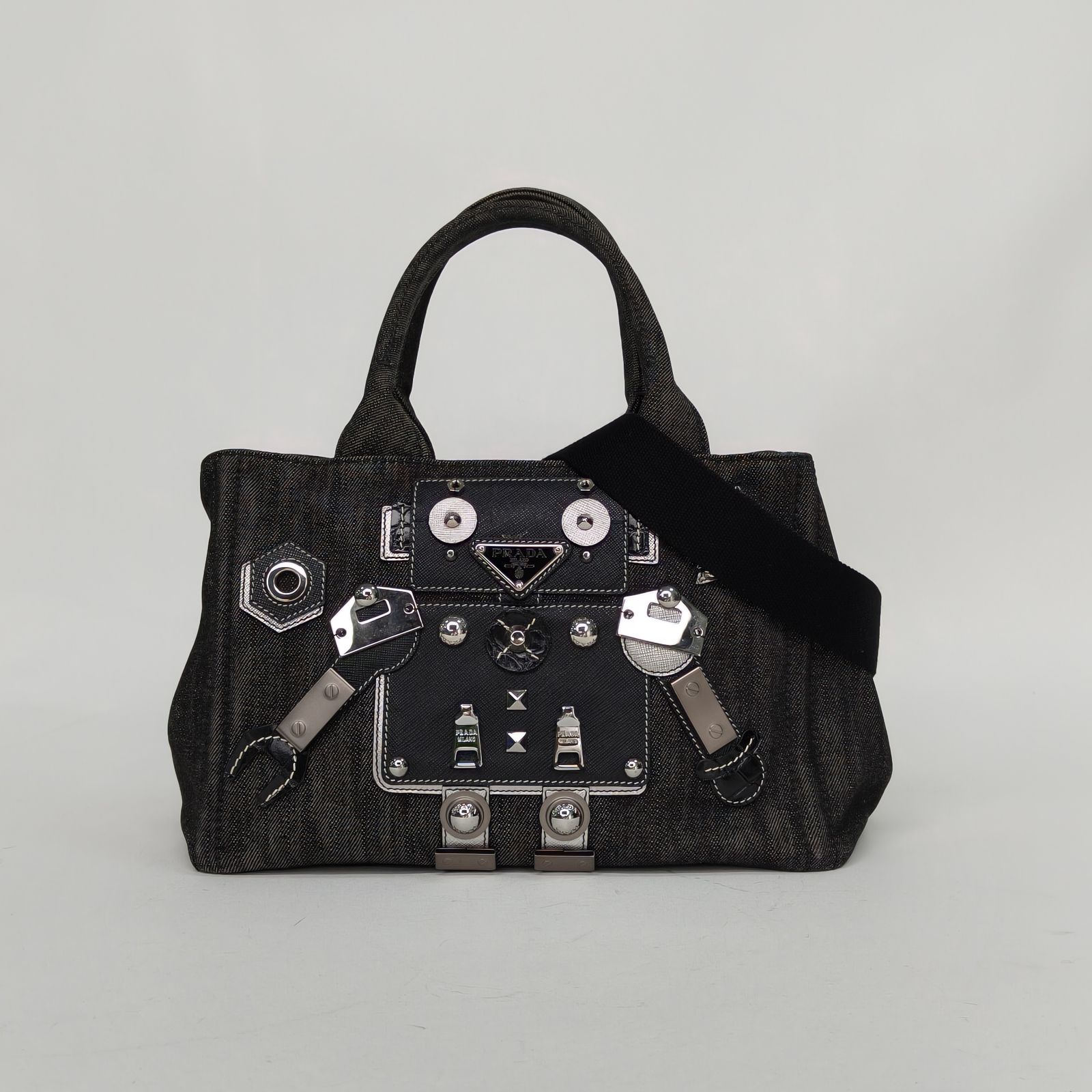 95新 Prada/普拉达 【特价黑黑】 黑色 牛仔布 沙滩包 机器人