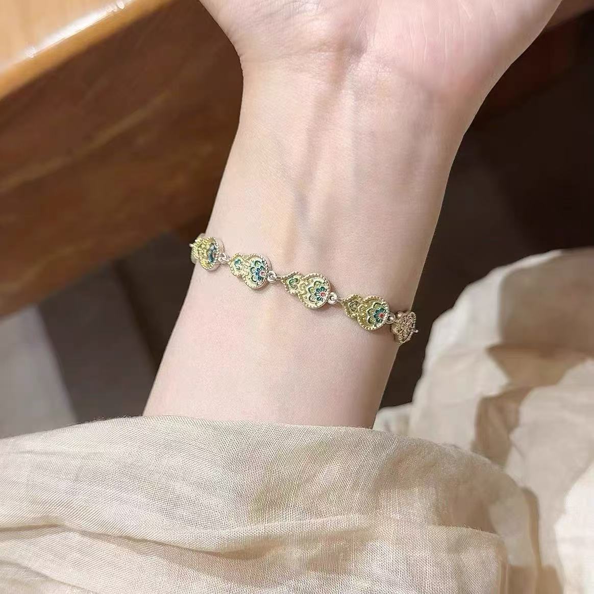 足银手链 葫芦宝相花足银999手链新中式描金气质重工款式