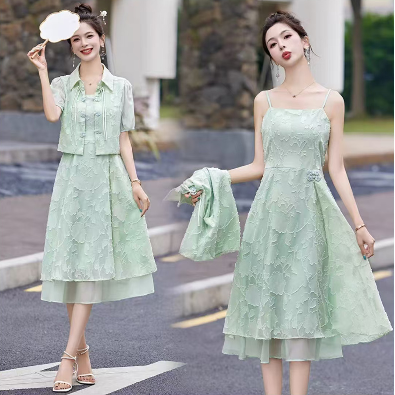 新中式连衣裙套装女夏收腰盘扣短袖提花吊带裙两件套8811【15】