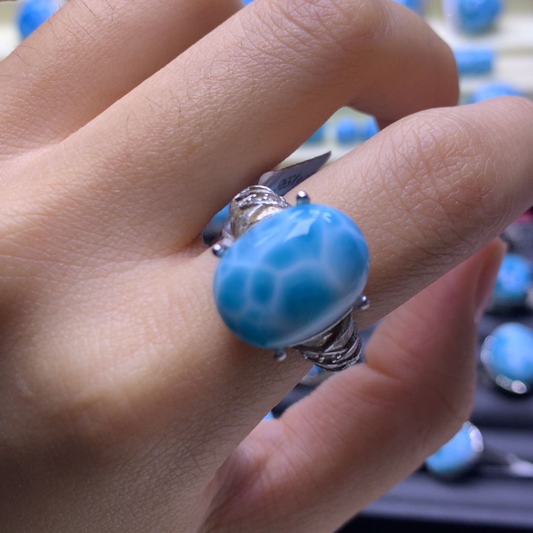 针钠钙石（海纹石）银S925镶嵌戒指蛋面戒指色差略异