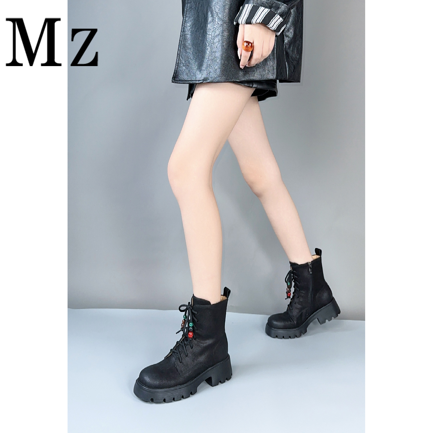 Mr.Zheng/5cm/石裂纹牛皮/真皮短靴系带马丁靴厚底侧拉链圆头女靴