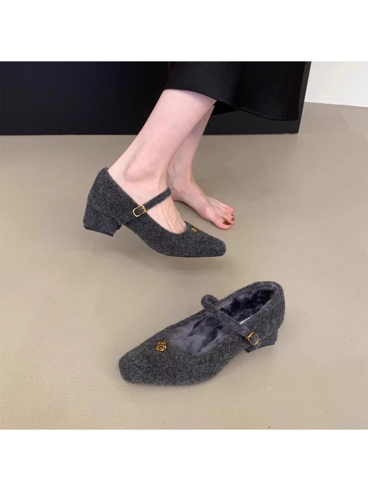 呢子加绒单鞋女秋冬新款法式温柔仙女风粗跟玛丽珍鞋毛毛鞋女外穿