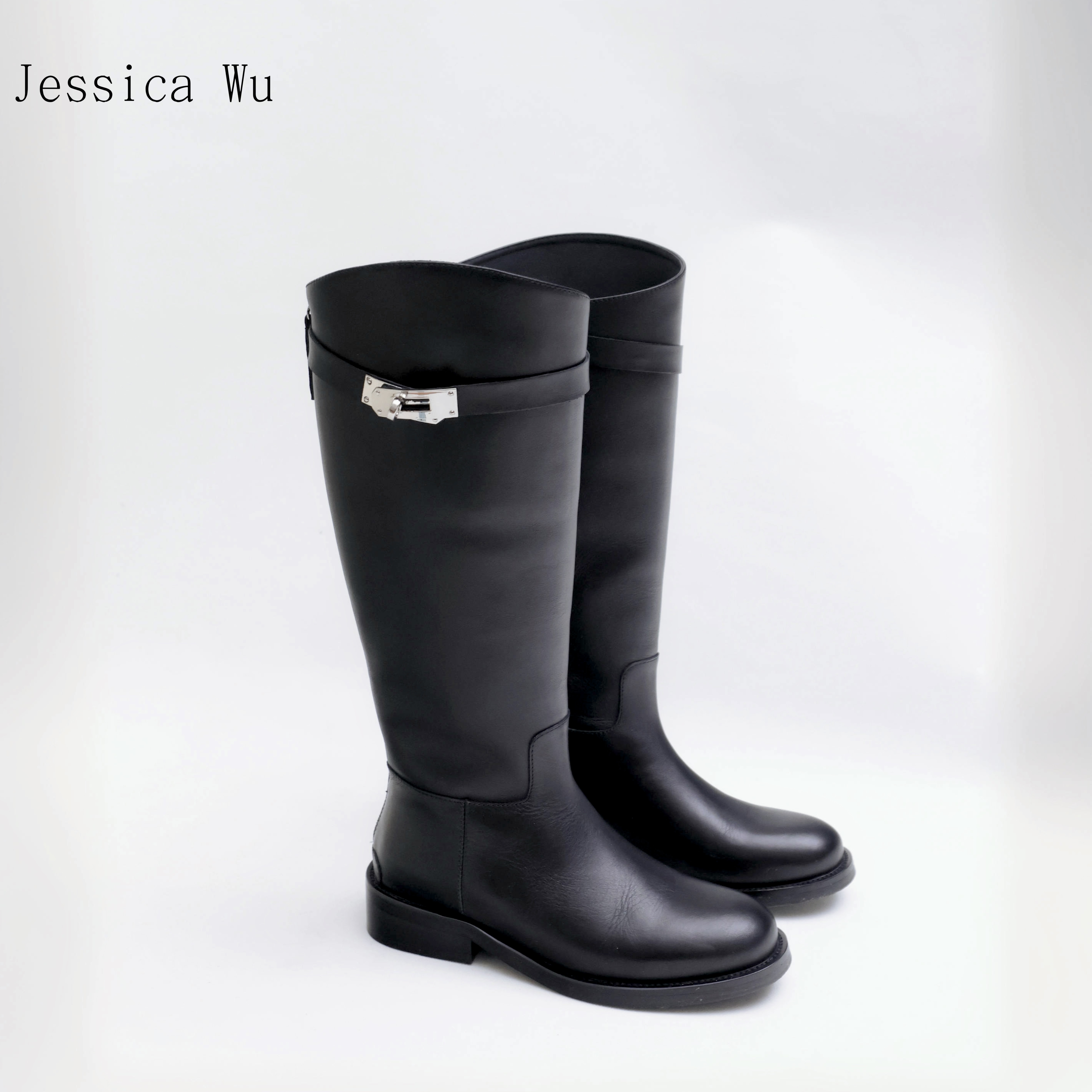 JESSICA WU亮面皮革及膝侧边金属搭扣装饰筒靴257215015