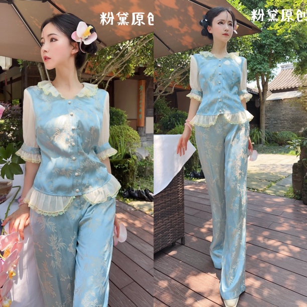 粉黛原创 醋酸时尚收腰显瘦上衣搭配裙子套装洋气减龄气质女装