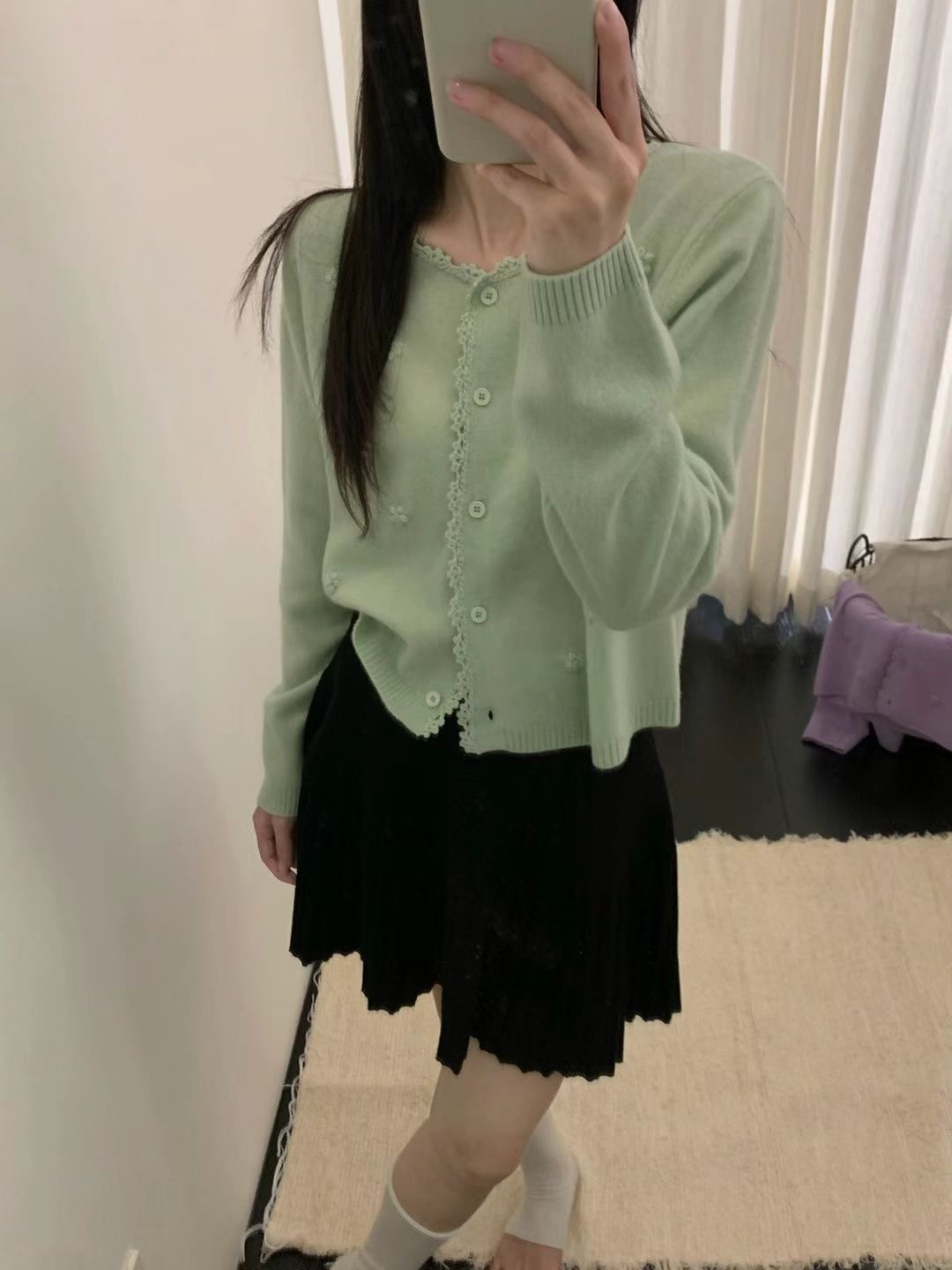 韩系花边门禁立体小钩花针织开衫