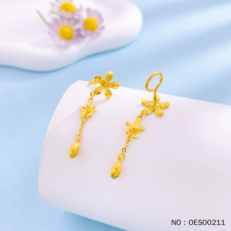 足金999 实心繁花桃花花形流苏弯钩弯针耳吊4.11克