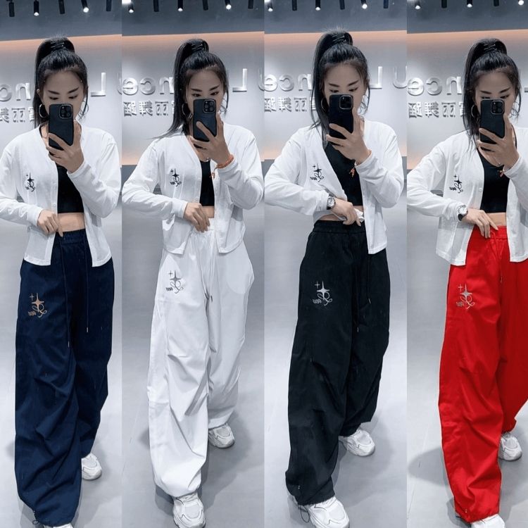 早秋新款 斜纹棉伞兵裤刺绣字母高腰显瘦曳步舞广场舞队服红色565