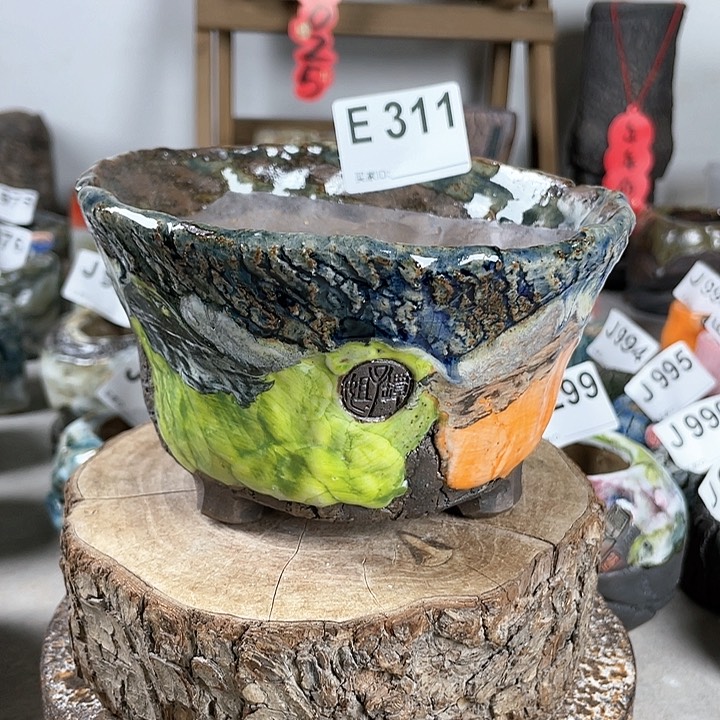 紫砂花盆孤品 不规则油画山石碗 内口13