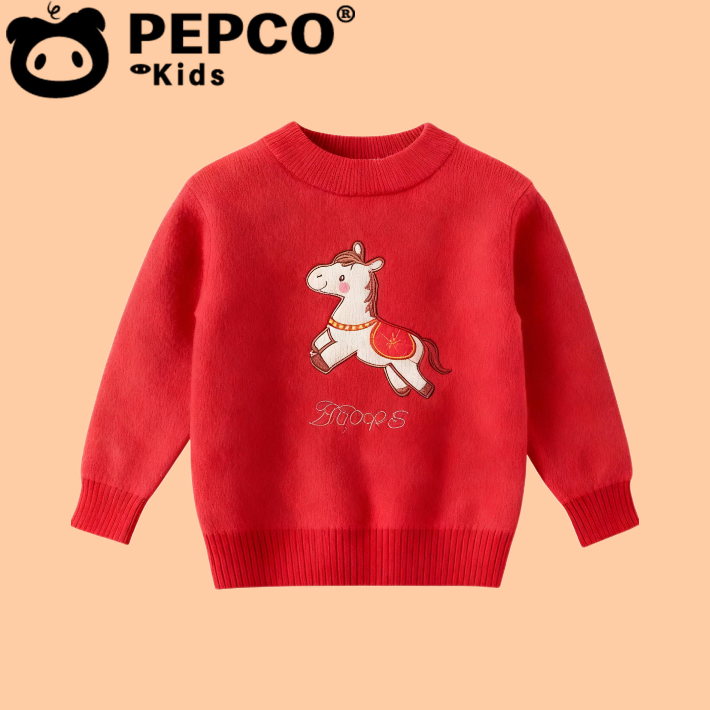 PEPCO/小猪班纳2025冬季新款针织衫儿童红色保暖毛衣童装新年款