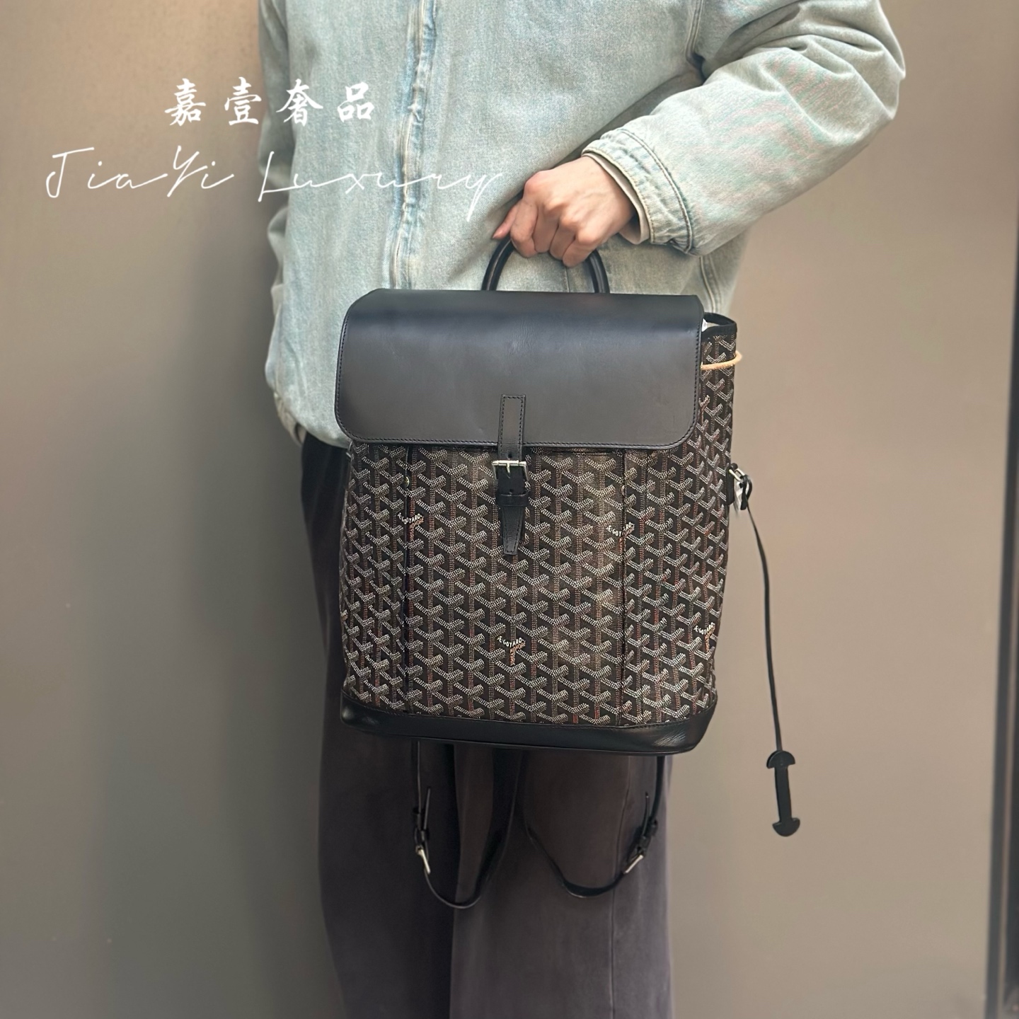 99新 Gaoy/戈雅 嘉壹(6827) 老花满帆布拼皮 书包背包双肩包