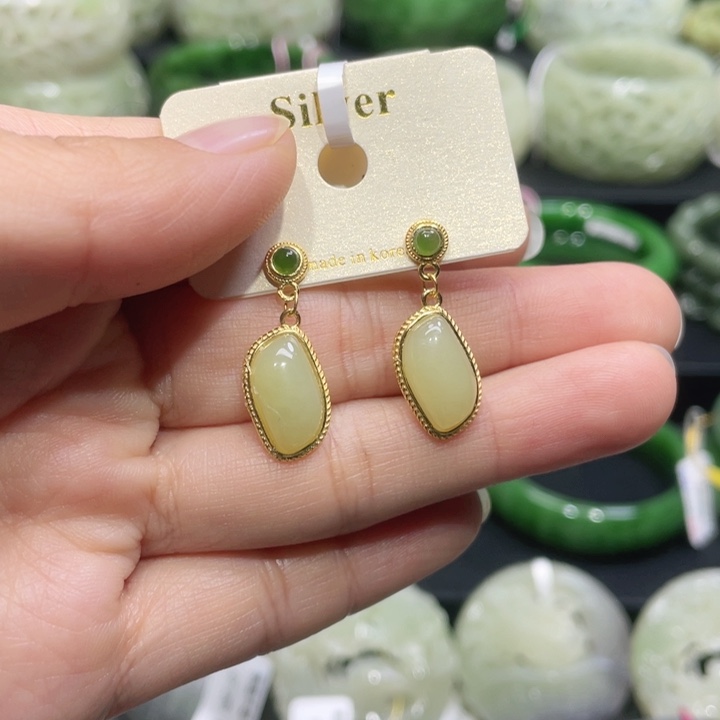 和田玉耳饰银S925镶嵌