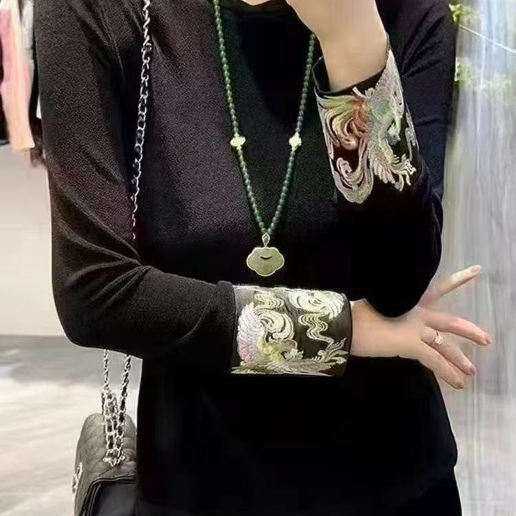 欧货醋酸针织重工刺绣凤凰中式长袖打底衫上衣女