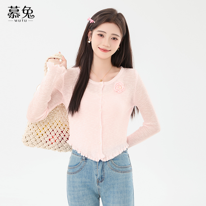 慕兔防晒薄款长袖针织开衫女2025夏季新款小个子外搭立体花朵上衣