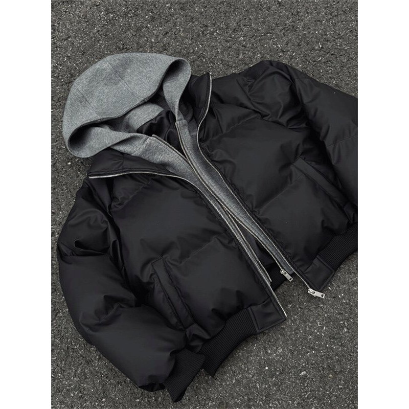 【现货运费险】PU皮假两件连帽夹克棉服男加厚保暖棉衣外套廓形棉袄